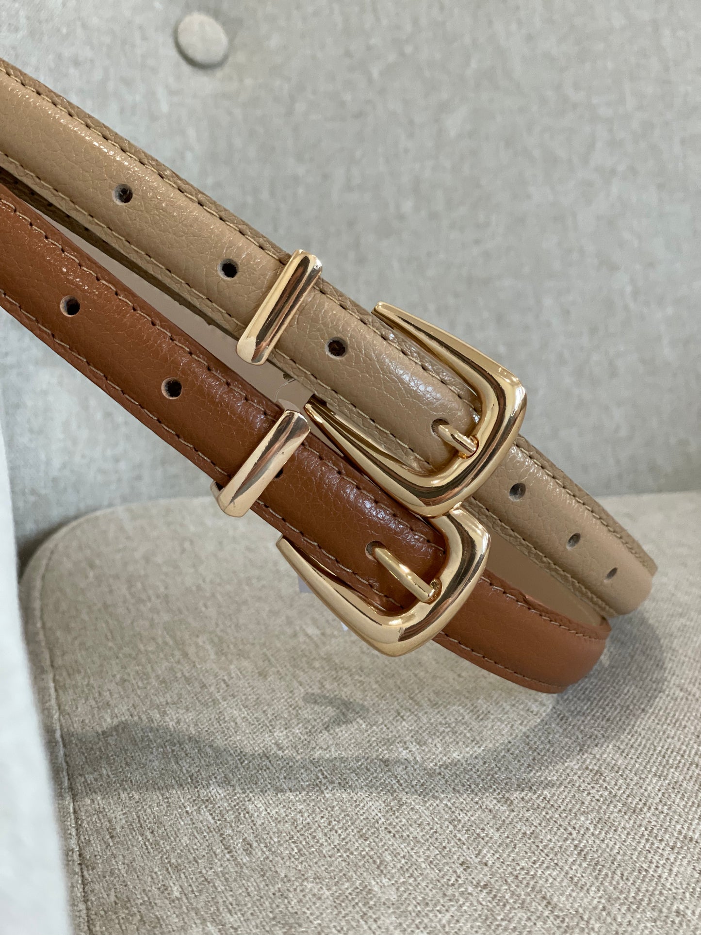 Tan- Slim Gold Metal Buckle Genuine Leather Belt