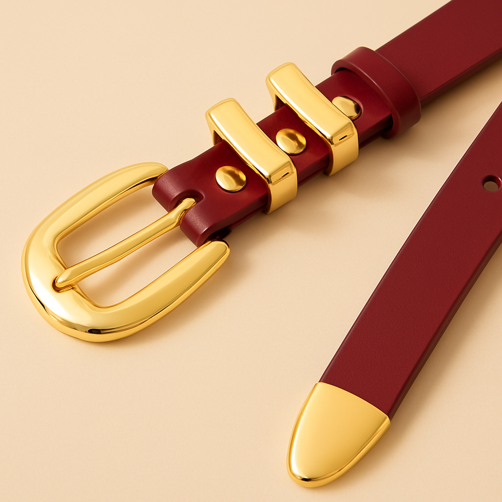 Genuine Leather Belt - Slim Gold Metal Buckle