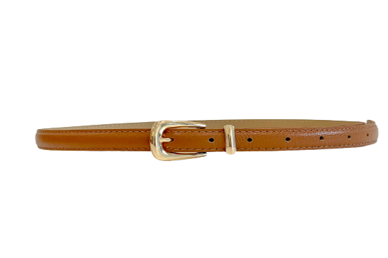 Tan- Slim Gold Metal Buckle Genuine Leather Belt
