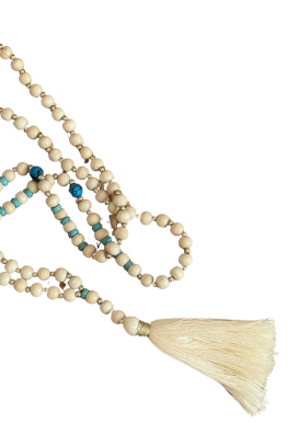 Boho Chic Cream Beaded Wooden Necklace with Turquoise & Gold Accents