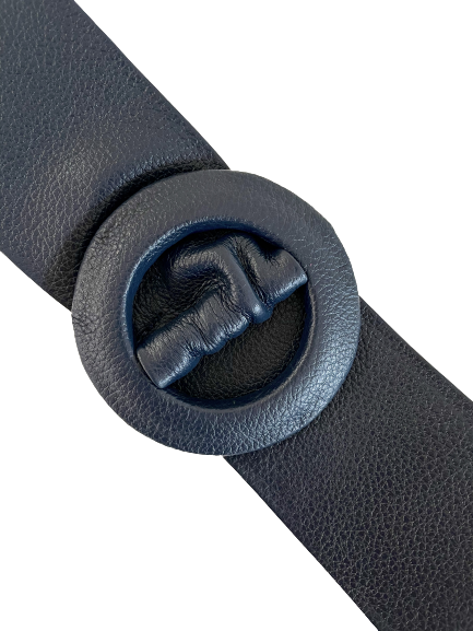 Navy - Covered Round Buckle Genuine Leather Belt