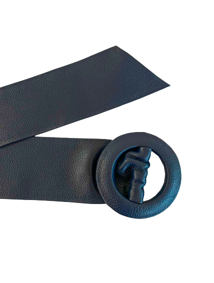 Navy - Covered Round Buckle Genuine Leather Belt