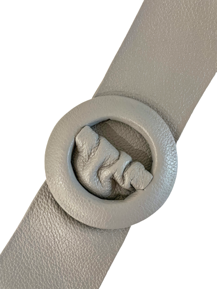 Grey- Covered Round Buckle Genuine Leather Belt