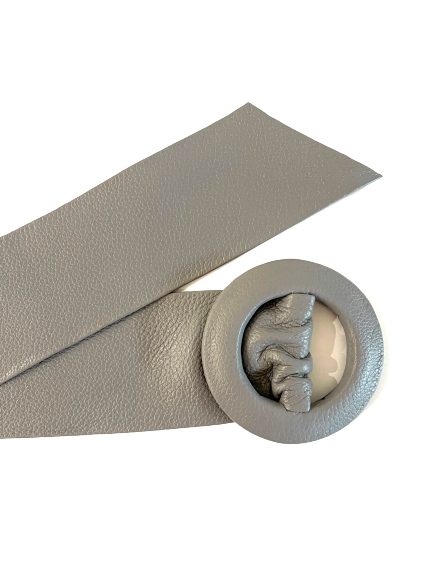 Grey- Covered Round Buckle Genuine Leather Belt