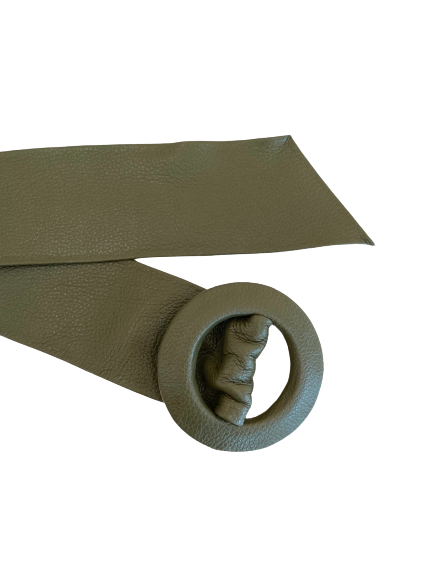 Dark Khaki Green - Covered Round Buckle Genuine Leather Belt