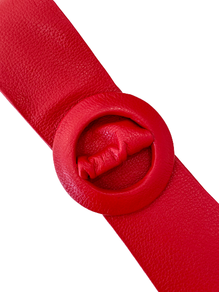 Red -Covered Round Buckle Genuine Leather Belt
