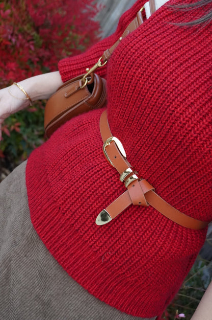 Cinnamon Brown Genuine Leather Belt - Slim Gold Metal Buckle