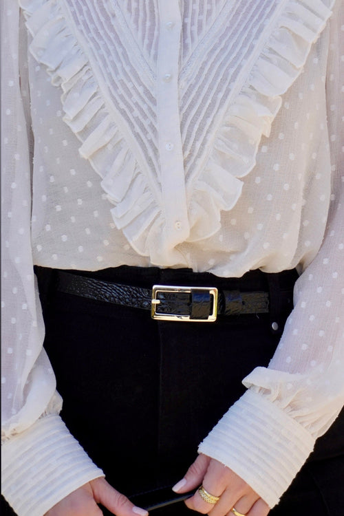 Black Slim Gold Belt with Rectangular Buckle - Croc Effect