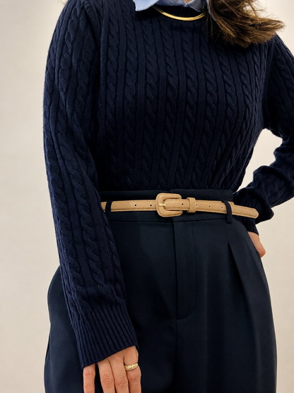 Beige Slim Genuine Leather Belt - Croc Effect