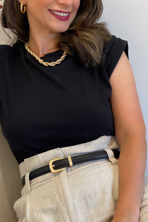 Black Genuine Leather Belt - Slim Gold Metal Buckle