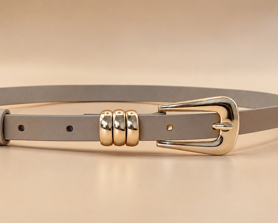 Light Beige Genuine Leather Belt - Slim Gold Buckle with Triple Loops
