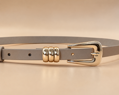 Light Beige Genuine Leather Belt - Slim Gold Buckle with Triple Loops