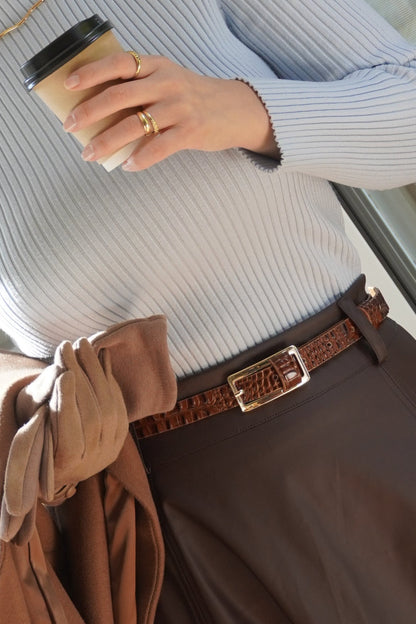 Dark Brown Slim Gold Belt with Rectangular Buckle - Croc Effect