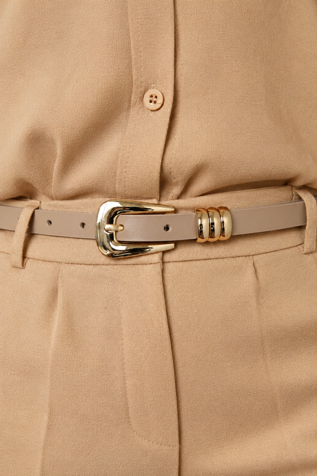 Light Beige Genuine Leather Belt - Slim Gold Buckle with Triple Loops