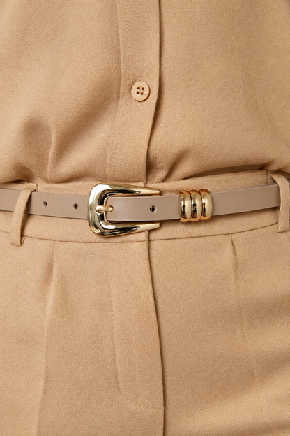 Light Beige Genuine Leather Belt - Slim Gold Buckle with Triple Loops