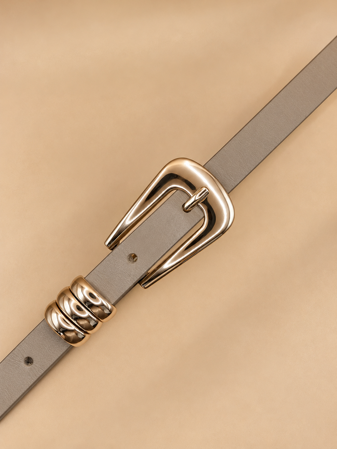 Light Beige Genuine Leather Belt - Slim Gold Buckle with Triple Loops