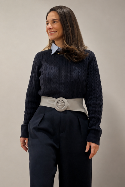 Grey Covered Genuine Leather - Round Buckle Belt