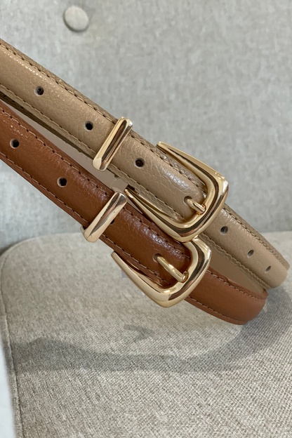Tan Genuine Leather Belt - Slim Gold Metal Buckle