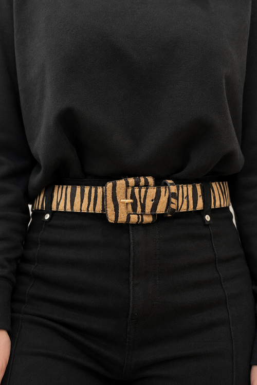 Tiger / Animal Print Genuine Leather Belt - Rectangular Buckle