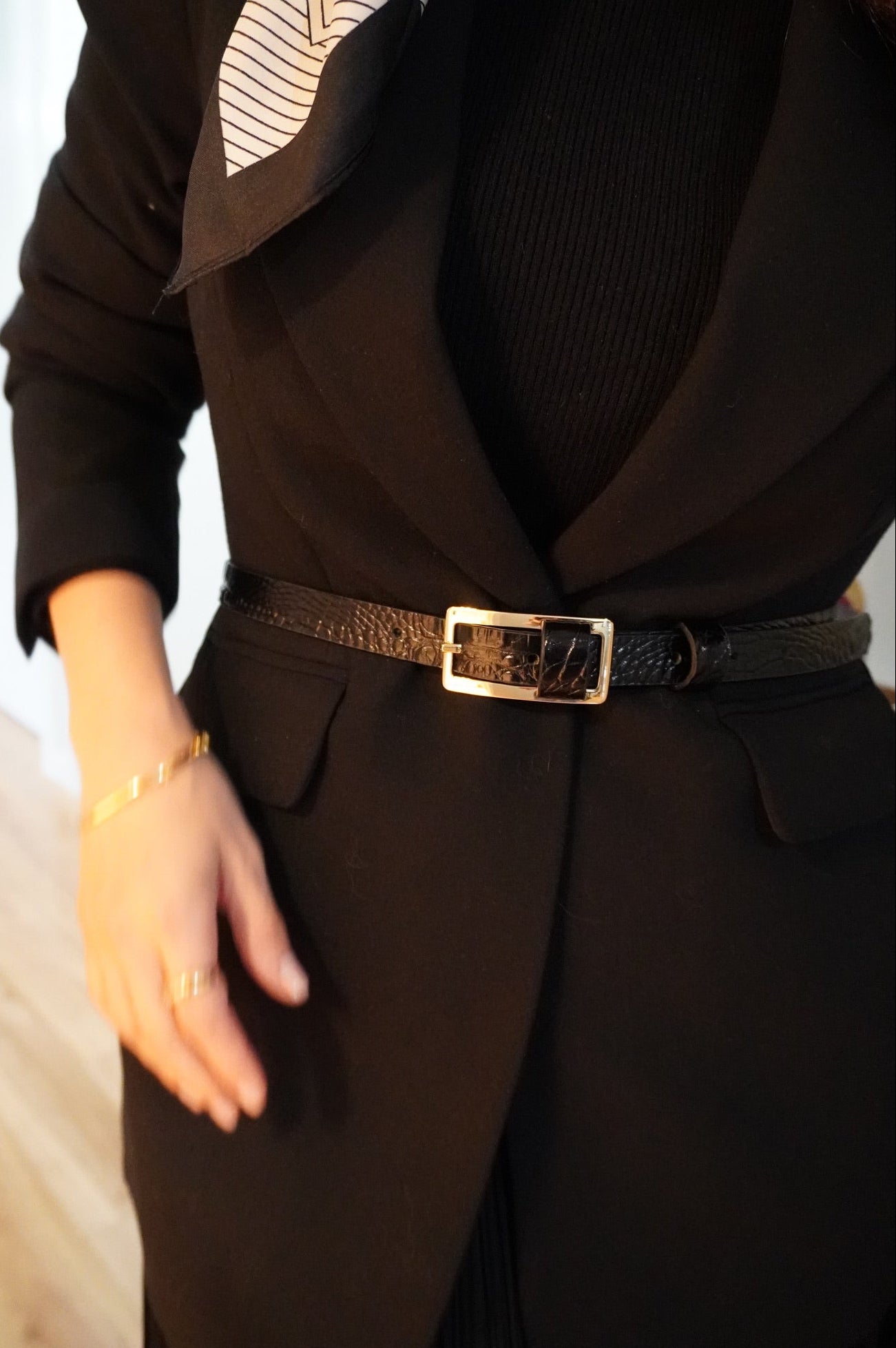 Black Slim Gold Belt with Rectangular Buckle - Croc Effect