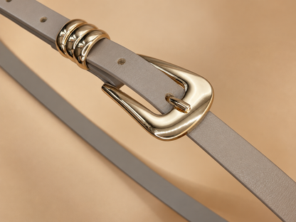Light Beige Genuine Leather Belt - Slim Gold Buckle with Triple Loops