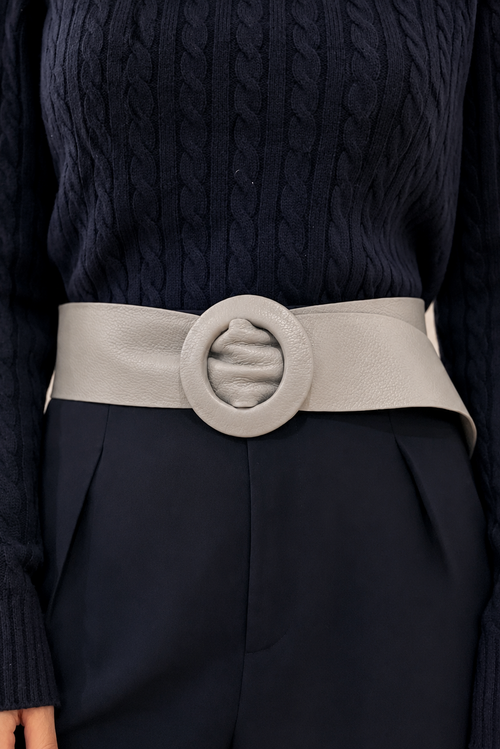 Grey Covered Genuine Leather - Round Buckle Belt