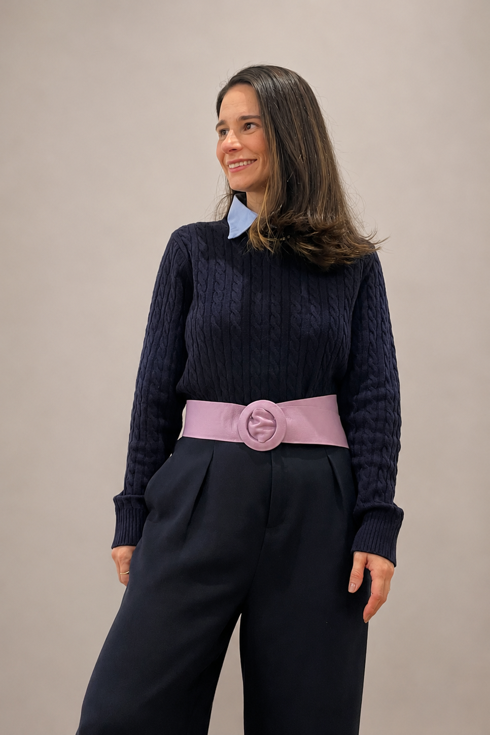 Lavender Covered Genuine Leather - Round Buckle Belt