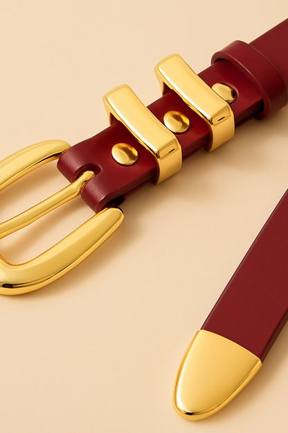 Burgundy Genuine Leather Belt - Slim Gold Metal Buckle