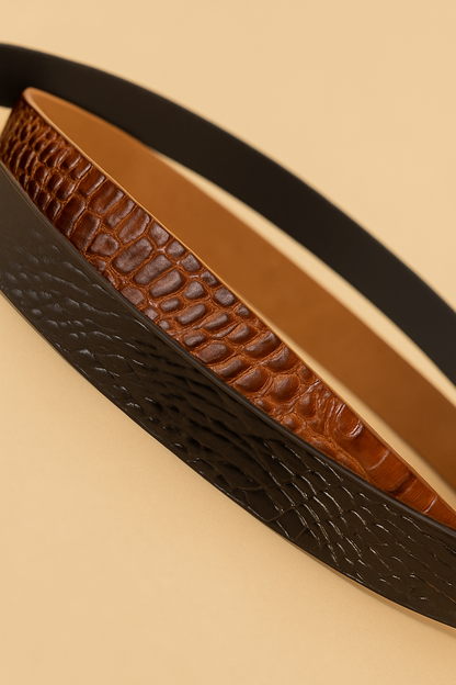 Dark Brown Slim Gold Belt with Rectangular Buckle - Croc Effect
