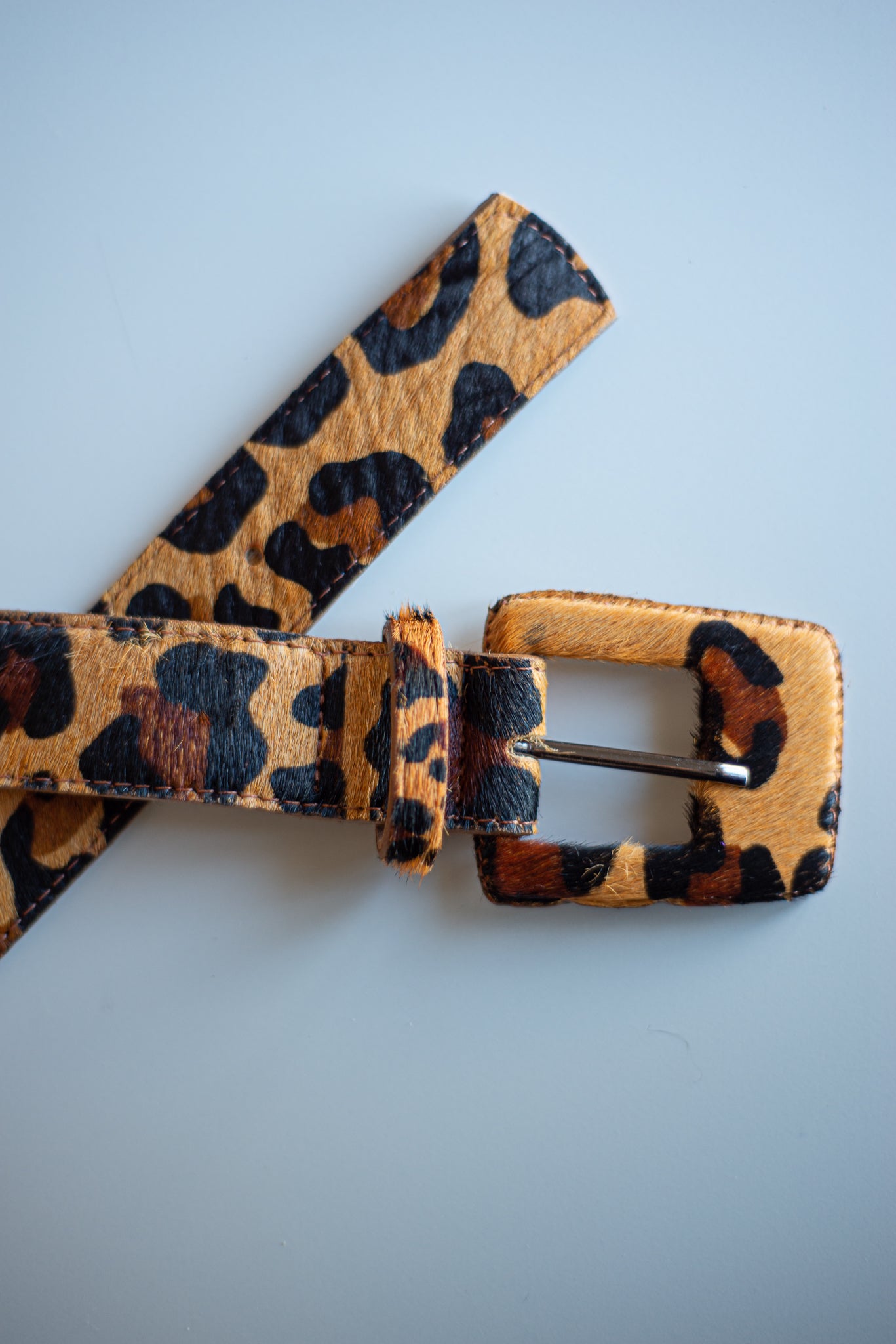Leopard/ Animal Print - Rectangular Buckle Genuine Leather Belt