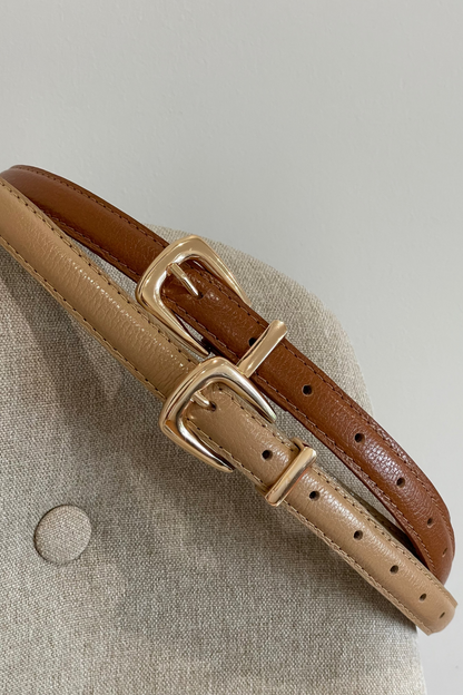 Tan Genuine Leather Belt - Slim Gold Metal Buckle