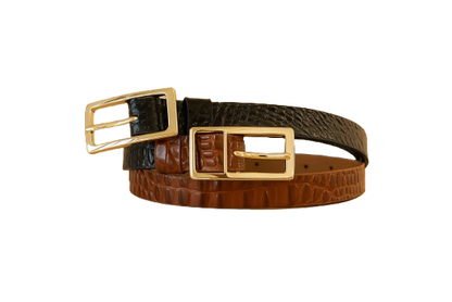 Dark Brown Slim Gold Belt with Rectangular Buckle - Croc Effect