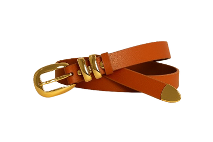 Cinnamon Brown Genuine Leather Belt - Slim Gold Metal Buckle