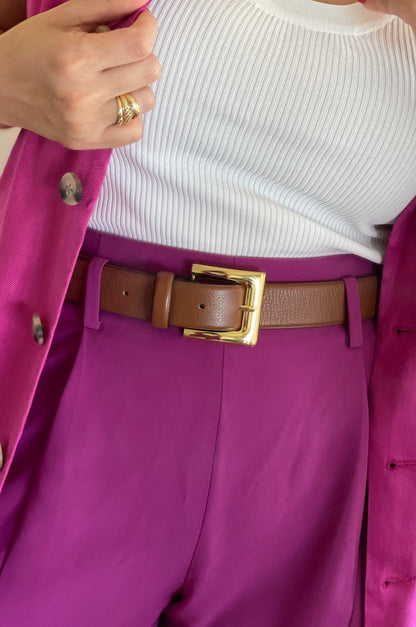 Tan Classic Genuine Leather Belt - Gold Metal Buckle