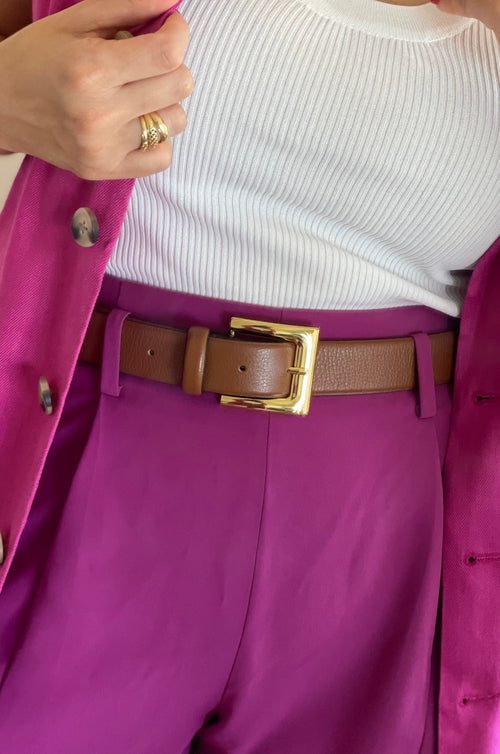 Tan Classic Genuine Leather Belt - Gold Metal Buckle