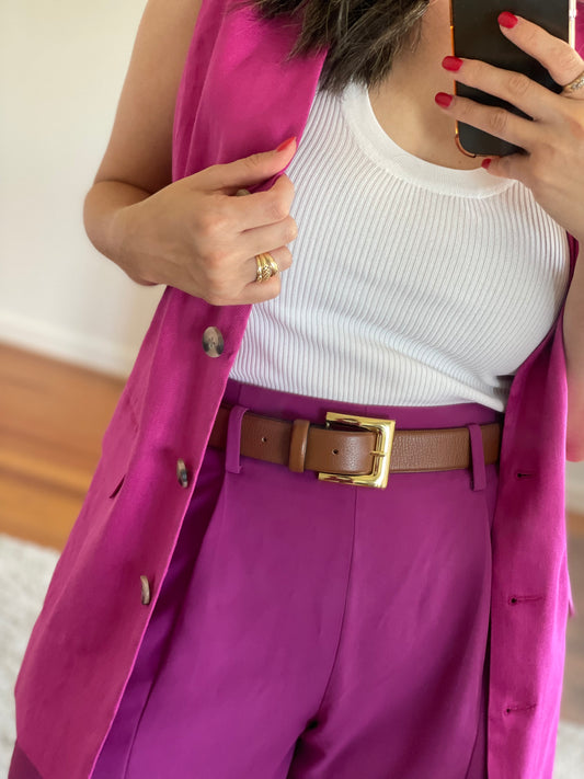 Tan - Classic Gold Metal Buckle Genuine Leather Belt