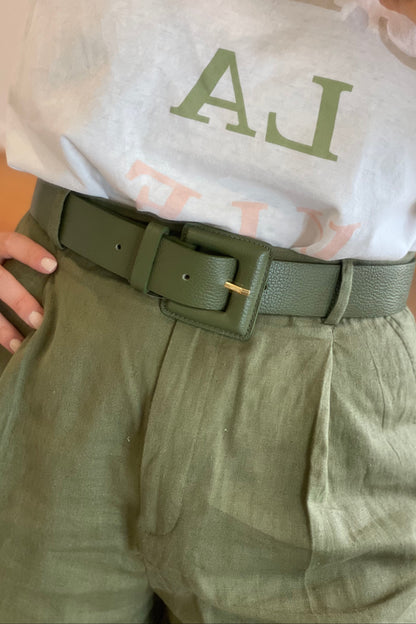 Dark Khaki Green Genuine Leather Belt - Square Buckle