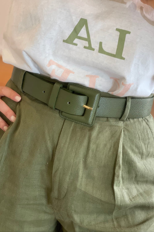 Dark Khaki Green Genuine Leather Belt - Square Buckle