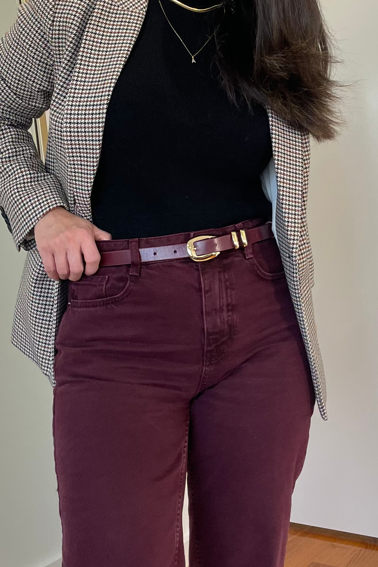 Burgundy Genuine Leather Belt - Slim Gold Metal Buckle