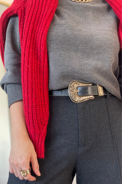 Black Leather With Gold Buckle Details - Western Belts