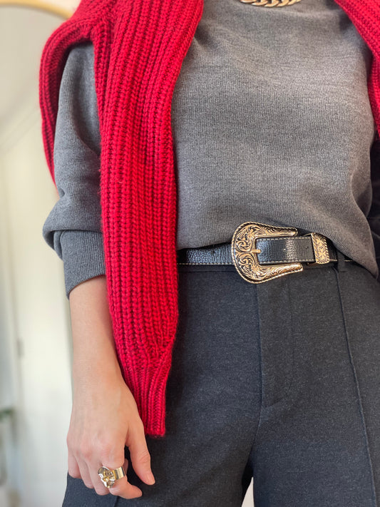 Black Western Leather Belts with Gold Buckle Details