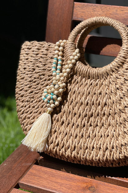 Boho Chic Cream Beaded Wooden Necklace with Turquoise & Gold Accents