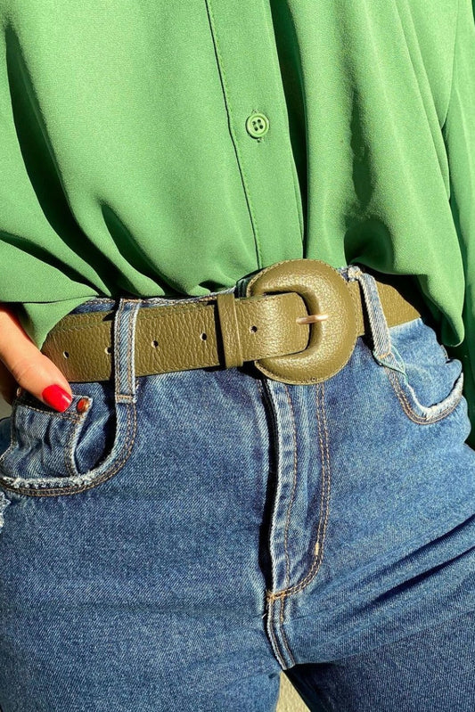 Dark Khaki Green Genuine Leather Belt - Arch Buckle