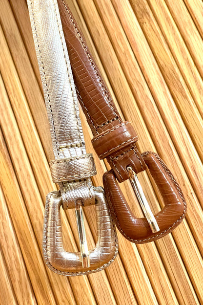 Tan Slim Genuine Leather Belt - Croc Effect