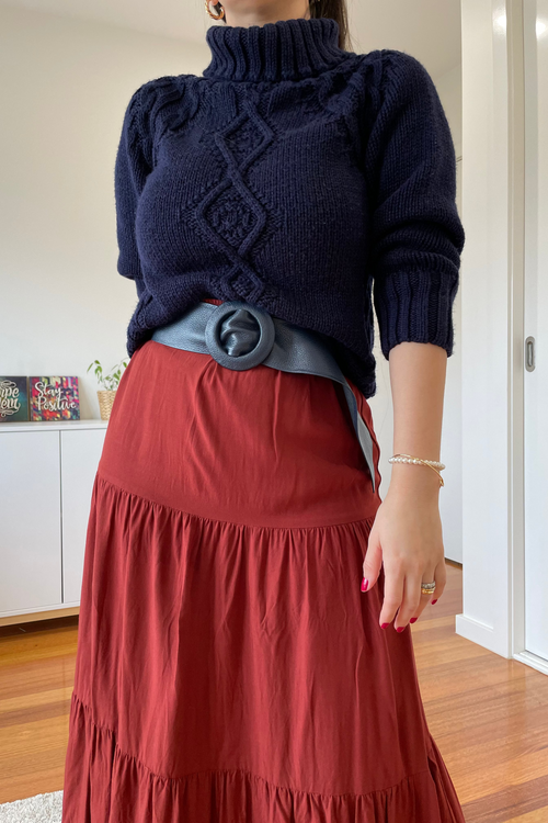 Navy Covered Genuine Leather - Round Buckle Belt