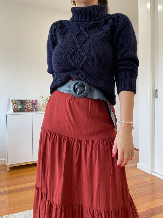 Navy - Covered Round Buckle Genuine Leather Belt