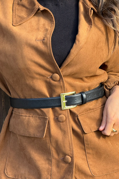 Black Classic Genuine Leather Belt - Gold Metal Buckle