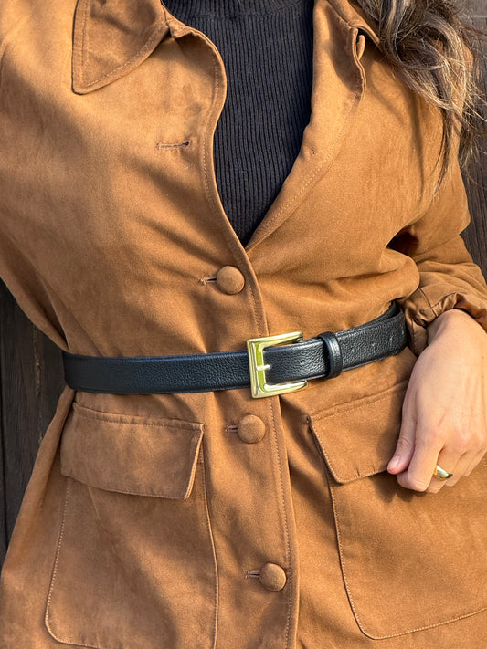 Black Genuine Leather Belt - Classic Gold Metal Buckle