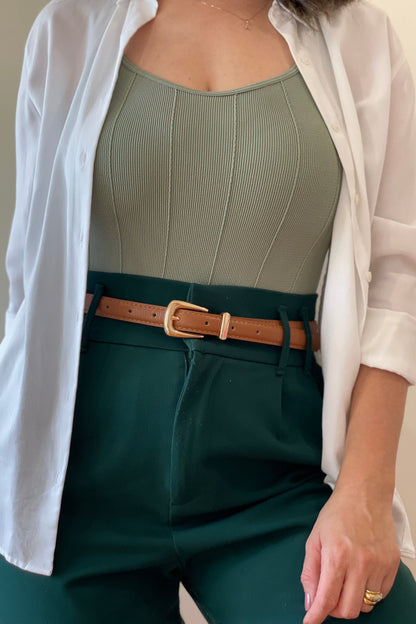 Tan Genuine Leather Belt - Slim Gold Metal Buckle