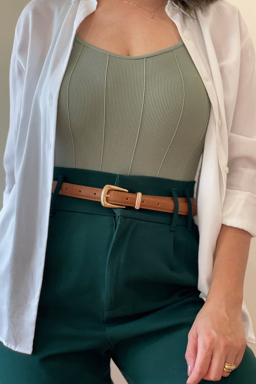 Tan Genuine Leather Belt - Slim Gold Metal Buckle